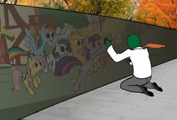 Size: 1024x691 | Tagged: safe, artist:rubrony, edit, imported from derpibooru, applejack, fluttershy, pinkie pie, rainbow dash, rarity, twilight sparkle, oc, oc:anon, human, artifact, mane six, parody, reflection