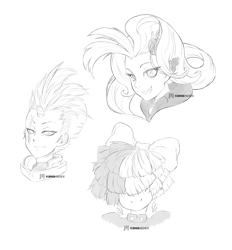 Size: 917x990 | Tagged: safe, artist:kawaindex, imported from derpibooru, princess skystar, songbird serenade, tempest shadow, human, my little pony: the movie, black and white, broken horn, eye scar, female, freckles, grayscale, hair over eyes, horned humanization, humanized, humanized ponified human, looking at you, monochrome, scar, smiling, trio