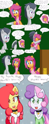 Size: 1600x4000 | Tagged: safe, artist:jake heritagu, imported from derpibooru, apple bloom, rumble, scootaloo, sweetie belle, pony, comic:ask motherly scootaloo, clothes, comic, cutie mark crusaders, frying pan, hairpin, knocking, medallion, motherly scootaloo, present, snow, sweater, sweatshirt
