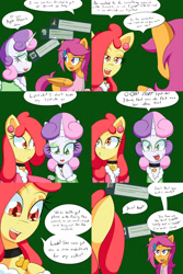 Size: 1600x2400 | Tagged: safe, artist:jake heritagu, imported from derpibooru, apple bloom, scootaloo, sweetie belle, pony, comic:ask motherly scootaloo, ask, clothes, comic, cutie mark crusaders, female, hairpin, lesbian, medallion, motherly scootaloo, shipping, sweater, sweatshirt, sweetiebloom