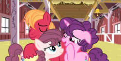 Size: 2325x1185 | Tagged: safe, artist:velveagicsentryyt, imported from derpibooru, big macintosh, sugar belle, oc, oc:apple sweet, pony, family, female, hug, male, offspring, parent:big macintosh, parent:sugar belle, parents:sugarmac, shipping, straight, sugarmac