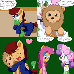 Size: 1600x1600 | Tagged: safe, artist:jake heritagu, imported from derpibooru, scootaloo, sweetie belle, oc, oc:lightning blitz, big cat, dinosaur, lion, pegasus, pony, comic:ask motherly scootaloo, baby, baby pony, chewing, clothes, colt, comic, crying, eating, green background, hairpin, heart, hug, male, medallion, motherly scootaloo, nightgown, offspring, older, older scootaloo, older sweetie belle, parent:rain catcher, parent:scootaloo, parents:catcherloo, plushie, simple background, sweater, sweatshirt, toy