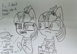Size: 1487x1049 | Tagged: safe, artist:tjpones, imported from derpibooru, moondancer, sci-twi, twilight sparkle, pony, unicorn, series:sciset diary, equestria girls, alternate hairstyle, clothes, dialogue, duo, equestria girls ponified, female, glasses, grayscale, hoof hold, monochrome, offscreen character, ponified, spot the imposter, squirt gun, sweater, traditional art, unamused, unicorn sci-twi