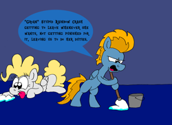 Size: 3246x2357 | Tagged: safe, artist:dragonboi471, imported from derpibooru, lightning streak, surprise, pegasus, pony, bucket, cleaning, dialogue, mop, wonderbolts