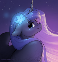 Size: 1211x1277 | Tagged: safe, artist:katputze, imported from derpibooru, princess luna, alicorn, pony, bust, female, floppy ears, flower, flower in hair, looking at you, looking over shoulder, mare, portrait, profile, solo, spread wings, wings