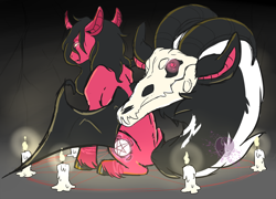 Size: 1024x736 | Tagged: safe, artist:sleepydemonmonster, imported from derpibooru, oc, oc only, alicorn, bat pony, bat pony alicorn, demon, candle, magic, magic circle, pentagram, satanic, skull, unshorn fetlocks