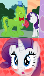 Size: 3432x5836 | Tagged: safe, artist:badumsquish, derpibooru exclusive, imported from derpibooru, rarity, smooze, goo pony, monster pony, original species, pony, unicorn, :o, blushing, bouquet, bowtie, carousel boutique, female, handsome, hat, heart, male, open mouth, ponified, rarismooze, shapeshifting, shipping, straight, this will end in a date, top hat, wide eyes