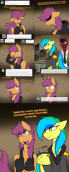 Size: 1500x3750 | Tagged: safe, artist:conmanwolf, imported from derpibooru, scootaloo, oc, oc:aurora dawn, oc:dr. atmosphere, oc:green, oc:little monster, draconequus, pegasus, pony, ask factory scootaloo, fanfic:rainbow factory, clothes, comic, crying, factory scootaloo, idea, monitor, silhouette