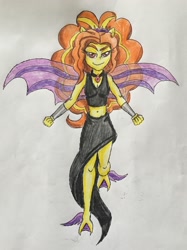 Size: 1976x2641 | Tagged: safe, artist:bozzerkazooers, imported from derpibooru, adagio dazzle, equestria girls, clothes, dress, eqg giants, fin wings, smiling, smirk, traditional art, webbed feet, wings