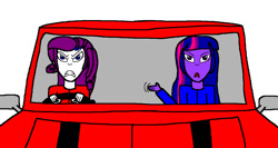 Size: 1214x648 | Tagged: safe, artist:samueljcollins1990, imported from derpibooru, rarity, twilight sparkle, equestria girls, classic mini, the italian job