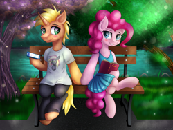 Size: 2000x1500 | Tagged: safe, artist:kruszyna25, artist:kruszynka25, imported from derpibooru, pinkie pie, oc, earth pony, pony, unicorn, bench, blushing, book, canon x oc, cellphone, clothes, dress, female, looking at each other, male, mare, meeting, park, phone, river, shy, smartphone, smiling, stallion, straight, sunshine, tree