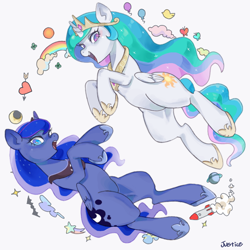 Size: 768x768 | Tagged: safe, artist:jus+ice, imported from derpibooru, princess celestia, princess luna, alicorn, pony, crown, cutie mark, duo, female, jewelry, looking at you, mare, open mouth, regalia, royal sisters, simple background, small wings, white background