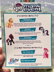 Size: 1536x2048 | Tagged: safe, imported from derpibooru, applejack, pinkie pie, rainbow dash, rarity, tempest shadow, pony, my little pony: the movie, alcohol, alliteration, dinner menu, fridge horror, hascon, irl, map of equestria, menu, photo, ponies eating meat, ponified, pretty pretty tempest, pun, the implications are horrible, unfortunate implications