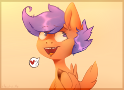 Size: 1800x1300 | Tagged: safe, artist:cloudyhills, imported from derpibooru, scootaloo, pegasus, pony, bust, female, filly, heart, looking up, missing teeth, open mouth, simple background, solo, yellow background