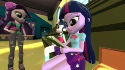 Size: 1920x1080 | Tagged: safe, artist:fivefreddy, imported from derpibooru, sci-twi, starlight glimmer, twilight sparkle, equestria girls, spoiler:eqg specials, 3d, book, cupcake, food, gmod, twilight sparkle (alicorn), twolight