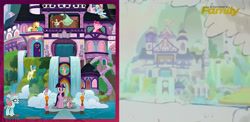 Size: 1221x596 | Tagged: safe, imported from derpibooru, applejack, ocellus, pinkie pie, rainbow dash, sandbar, spike, twilight sparkle, yona, alicorn, changedling, changeling, yak, school daze, season 8, castle, male, school of friendship, stallion, twilight sparkle (alicorn)