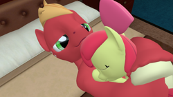 Size: 1280x720 | Tagged: safe, artist:papadragon69, imported from derpibooru, apple bloom, big macintosh, 3d, bed, brother and sister, cuddling, female, male, source filmmaker