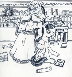 Size: 781x832 | Tagged: safe, artist:kuroneko, derpibooru exclusive, imported from derpibooru, catrina, rep, spike, twilight sparkle, alicorn, dragon, pony, book, bookcase, bookshelf, candle, chest fluff, g1, monochrome, older, table, traditional art, twilight sparkle (alicorn), wing fluff
