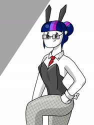 Size: 1536x2048 | Tagged: safe, artist:potatobug, derpibooru exclusive, imported from derpibooru, sci-twi, twilight sparkle, human, equestria girls, friendship games, alternate hairstyle, bunny ears, bunny suit, clothes, female, fishnets, glasses, leotard, looking at you, necktie, old timey, solo