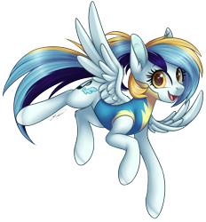 Size: 1298x1398 | Tagged: safe, artist:doekitty, imported from derpibooru, oc, oc only, oc:harmony breeze, oc:harmony dust, pegasus, pony, derpibooru community collaboration, wonderbolts academy, 2021 community collab, character, clothes, female, looking at you, mare, next generation, open mouth, pegasus oc, simple background, smiling, soarindust, solo, transparent background, uniform, wings, wonderbolt trainee uniform