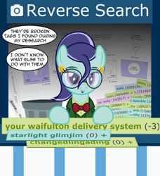 Size: 2144x2348 | Tagged: safe, artist:badumsquish, derpibooru exclusive, imported from derpibooru, oc, oc only, oc:reverse search, earth pony, pony, derpibooru, blazer, book, bowtie, changedlingading, clothes, derpibooru ponified, description is relevant, dialogue, ear piercing, earring, female, glasses, information booth, jewelry, joke, looking down, mare, meta, piercing, ponified, ponytail, reading, smug, solo, starlight glimjim, talking to viewer, trash can, your waifulton delivery system