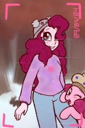 Size: 745x1116 | Tagged: source needed, safe, artist:breezietype, imported from derpibooru, pinkie pie, earth pony, koala, pony, rabbit, equestria girls, alternate clothes, alternate costumes, beanie, camera shot, clothes, female, food, forest, hat, human and pony, human ponidox, looking at you, mare, muffin, one eye closed, self ponidox, sideways image, snow, sweater, tree, wink