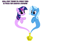 Size: 1050x682 | Tagged: safe, artist:navitaserussirus, imported from derpibooru, trixie, twilight sparkle, genie, unicorn, cropped, female, lesbian, mare, shipping, twixie