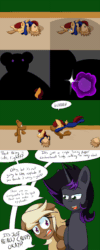 Size: 1600x4000 | Tagged: safe, artist:jake heritagu, imported from derpibooru, oc, oc only, oc:lightning blitz, oc:sandy hooves, oc:warden, big cat, earth pony, lion, pegasus, pony, unicorn, comic:ask motherly scootaloo, animated, baby, baby pony, clothes, colt, comic, dialogue, female, gif, glowing eyes, green background, male, mare, nightgown, offspring, parent:rain catcher, parent:scootaloo, parents:catcherloo, plushie, shadow, silhouette, simple background, speech bubble, stallion, teddy bear