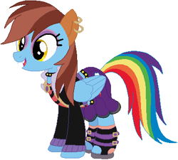 Size: 409x368 | Tagged: safe, artist:selenaede, artist:user15432, imported from derpibooru, rainbow dash, pegasus, pony, werewolf, base used, boots, choker, clawdeen wolf, clothes, crossover, cute, cute little fangs, ear piercing, earring, fangs, female, jewelry, mare, mattel, monster high, necklace, piercing, shoes, skirt, solo, spiked choker