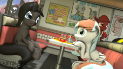 Size: 3840x2160 | Tagged: safe, artist:lazyblaziesfm, imported from derpibooru, oc, oc only, oc:blaze emberbreath, oc:doge, oc:maya madrigal, oc:waffles, pegasus, pony, unicorn, 3d, burger, female, food, hamburger, high res, mare, mcdonald's, source filmmaker, wafflaze