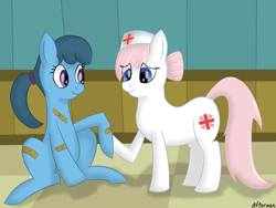 Size: 2400x1800 | Tagged: dead source, safe, artist:afterman, imported from derpibooru, nurse redheart, bandage, holding legs, sitting, standing