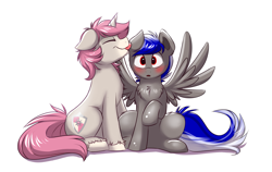 Size: 1699x1076 | Tagged: safe, artist:confetticakez, imported from derpibooru, oc, oc only, oc:bassy, oc:intrepid charm, pegasus, pony, unicorn, ear licking, gay, male, spread wings, stallion, wingboner, wings