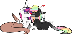 Size: 1158x566 | Tagged: safe, artist:sweetmelon556, imported from derpibooru, oc, oc only, oc:ava, oc:velvet feather, earth pony, original species, pony, alukina, colored wings, female, kissing, lesbian, mare, multicolored wings, oc x oc, shipping, simple background, transparent background