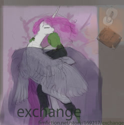 Size: 1339x1355 | Tagged: safe, artist:xxkrutoy, imported from derpibooru, princess celestia, oc, oc:anon, alicorn, human, pony, fanfic:exchange, bedroom, fanfic, fanfic art, female, human male, human on pony snuggling, male, mare, snuggling