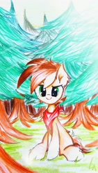 Size: 1917x3411 | Tagged: safe, artist:liaaqila, imported from derpibooru, oc, oc only, oc:buck evergreen, earth pony, pony, bandana, colored, cute, ear fluff, forest, grass, looking at you, male, signature, sitting, smiling, solo, stallion, traditional art, tree