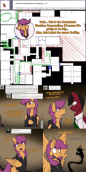 Size: 1500x2970 | Tagged: safe, artist:conmanwolf, imported from derpibooru, scootaloo, oc, oc:chairman, oc:dr. atmosphere, pegasus, pony, ask factory scootaloo, fanfic:rainbow factory, blueprint, clothes, comic, factory scootaloo