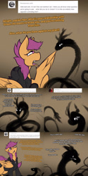 Size: 1500x3000 | Tagged: safe, artist:conmanwolf, imported from derpibooru, scootaloo, oc, oc:chairman, pegasus, pony, ask factory scootaloo, fanfic:rainbow factory, clothes, comic, factory scootaloo