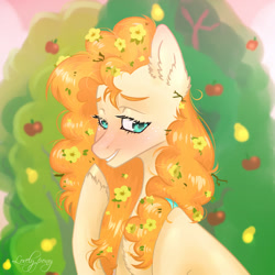 Size: 1000x1000 | Tagged: safe, artist:lovely-pony, imported from derpibooru, pear butter, earth pony, pony, the perfect pear, female, flower, flower in hair, mare, smiling, solo, tree