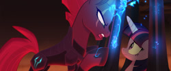 Size: 1024x429 | Tagged: safe, imported from derpibooru, screencap, tempest shadow, twilight sparkle, alicorn, pony, unicorn, my little pony: the movie, armor, broken horn, cage, electricity, eye scar, female, horn, mare, scar, sparking horn, twilight sparkle (alicorn)