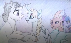 Size: 1024x622 | Tagged: safe, artist:evergreen-gemdust, imported from derpibooru, garble, twilight sparkle, oc, oc:frostine, alicorn, dragon, pony, unicorn, alicorn oc, female, male, oc x oc, shipping, straight, traditional art, twilight sparkle (alicorn)