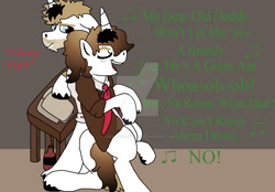 Size: 1024x712 | Tagged: safe, artist:creative-blossom, imported from derpibooru, oc, oc only, oc:alexa, unicorn, annoyed, clothes, constantine, daughter, father, father and daughter, female, filly, frustrated, hellblazer, jezebel universe, john constantine, leaning, male, mare, sigh, simple background, singing, stallion, text, typography, watermark