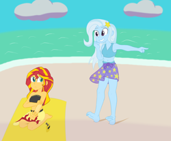 Size: 3084x2548 | Tagged: safe, artist:scraggleman, imported from derpibooru, sunset shimmer, trixie, equestria girls, /mlp/, bandeau, barefoot, beach, belly button, bikini, clothes, cute, diatrixes, feet, midriff, sarong, shimmerbetes, summer sunset, suntan lotion, swimsuit, wrap skirt