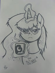 Size: 900x1200 | Tagged: safe, artist:latecustomer, imported from derpibooru, princess luna, coffee, lineart, sleepy, traditional art