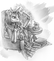 Size: 1000x1128 | Tagged: safe, artist:thewarmwolf, imported from derpibooru, twilight sparkle, alicorn, pony, blanket, book, drink, female, glowing horn, magic, monochrome, reading, solo, table, telekinesis, traditional art, twilight sparkle (alicorn)