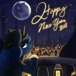 Size: 1000x1000 | Tagged: safe, artist:xxmarkingxx, imported from derpibooru, princess luna, alicorn, pony, female, happy new year, happy new year 2018, hat, holiday, mare, mare in the moon, moon, new year, night