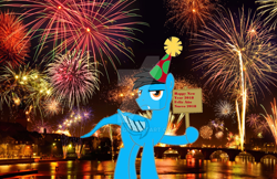 Size: 1024x665 | Tagged: safe, artist:ds59, imported from derpibooru, oc, oc only, oc:dragun shot, dracony, hybrid, fireworks, happy new year, happy new year 2018, hat, holiday, party hat, sign, solo