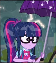 Size: 948x1065 | Tagged: safe, edit, edited screencap, imported from derpibooru, screencap, sci-twi, twilight sparkle, eqg summertime shorts, equestria girls, monday blues, cellphone, cropped, lightning, phone, rain, smartphone, umbrella, wet hair