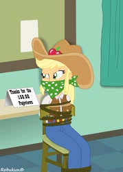 Size: 755x1057 | Tagged: safe, artist:robukun, imported from derpibooru, applejack, equestria girls, belt, bondage, bound and gagged, cloth gag, clothes, cowboy hat, cowgirl, female, gag, hat, jeans, milestone, pants, rope, solo, stetson, tied to chair, tied up, vest