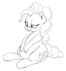 Size: 1401x1501 | Tagged: safe, artist:felsette, imported from derpibooru, pinkie pie, pony, belly, fat, female, lidded eyes, looking down, monochrome, pudgy pie, sequence, simple background, sitting, solo, squishy, tumblr, weight gain, weight gain sequence, white background