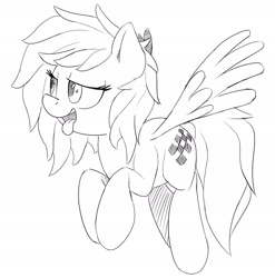 Size: 2140x2163 | Tagged: safe, artist:felsette, imported from derpibooru, oc, oc only, oc:quick trip, pegasus, pony, female, flying, lidded eyes, monochrome, simple background, solo, tongue out, white background